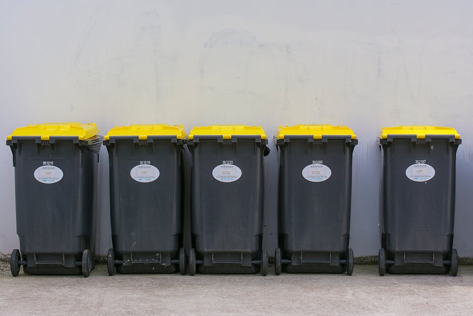 Five large wheelie bins aligned in a row on a paved surface against a plain, light-colored wall. Each bin is made of dark grey plastic with textured surfaces, and features bright yellow lids with a slightly raised, grid-like pattern. The bins are positioned with their wheels resting on the ground, and are evenly spaced apart. Small, oval-shaped white labels are affixed to the front of each bin, displaying identification or service information. The background wall is smooth, painted in a neutral, off-white shade, with faint marks or shadows visible. The setting appears to be outdoors, possibly on a driveway or designated waste area, associated with private waste collection services such as those offered by Rubbish Collection Maida Vale, for on-site rubbish disposal and alternative waste handling in a residential context.